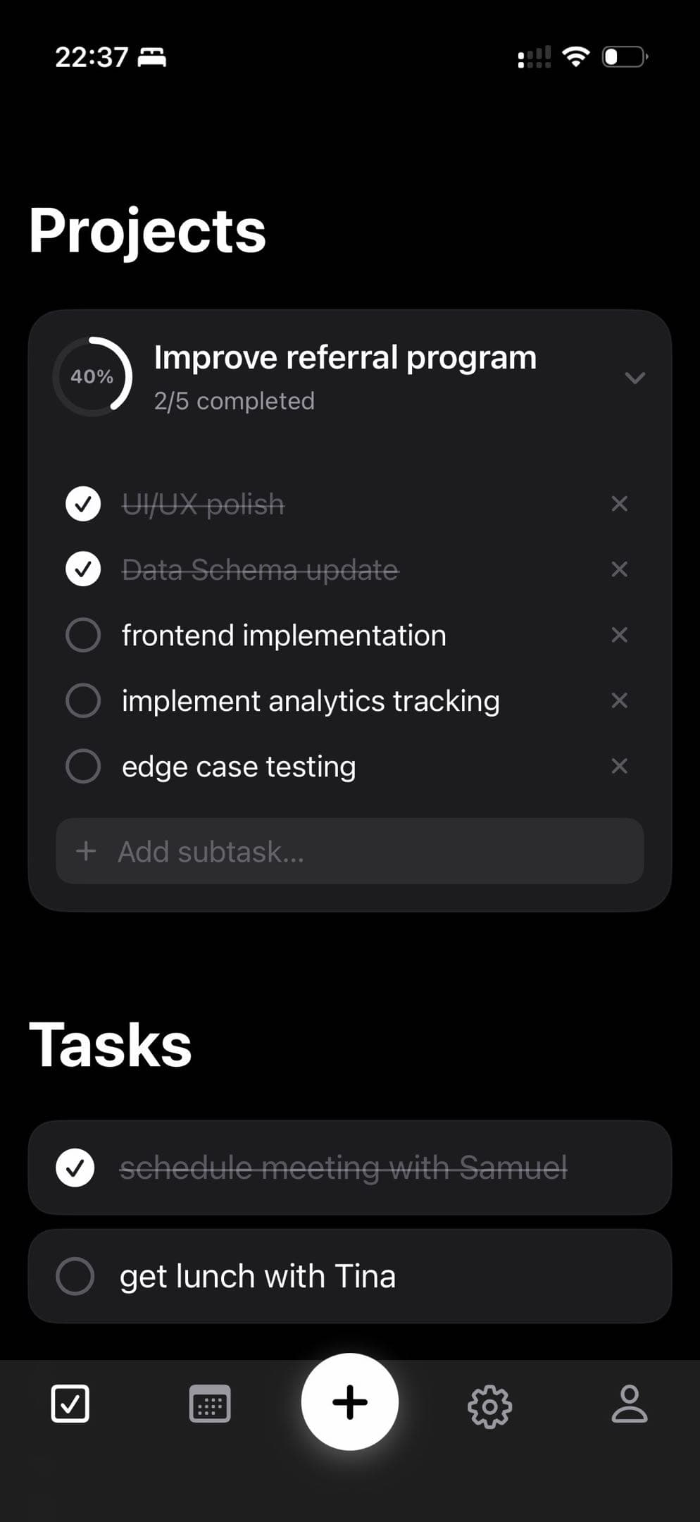 Calend projects view – dark mode
